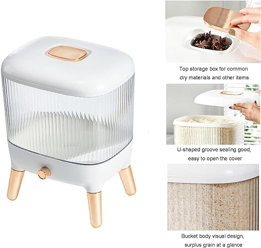 MAPPLE CREATION Household Rice Bucket With Lid Presstype Automatic Output Insectproof And Moistureproof Transparent Grain Storage Bin Dry Food Container Grains Dispenser Gold plated - Image 5