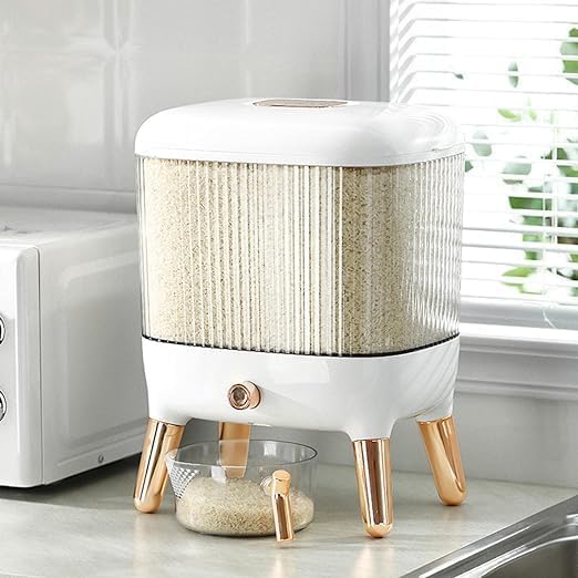 MAPPLE CREATION Household Rice Bucket With Lid Presstype Automatic Output Insectproof And Moistureproof Transparent Grain Storage Bin Dry Food Container Grains Dispenser Gold plated - Image 1