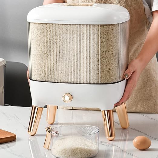 MAPPLE CREATION Household Rice Bucket With Lid Presstype Automatic Output Insectproof And Moistureproof Transparent Grain Storage Bin Dry Food Container Grains Dispenser Gold plated - Image 2
