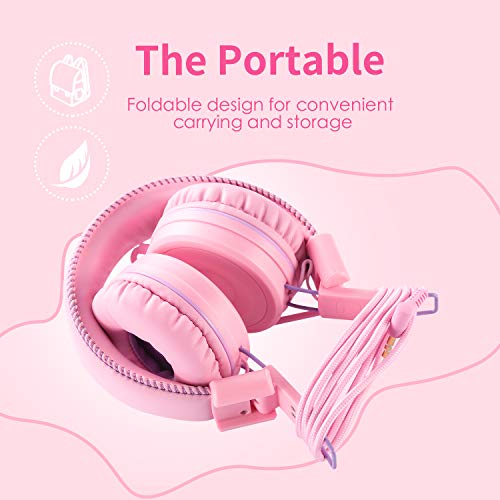 POWMEE M1 Kids Headphones Wired Headphone for Kids,Foldable Adjustable Stereo Tangle-Free,3.5MM Jack Wire Cord On-Ear Headphone for Children (Pink) - Image 3