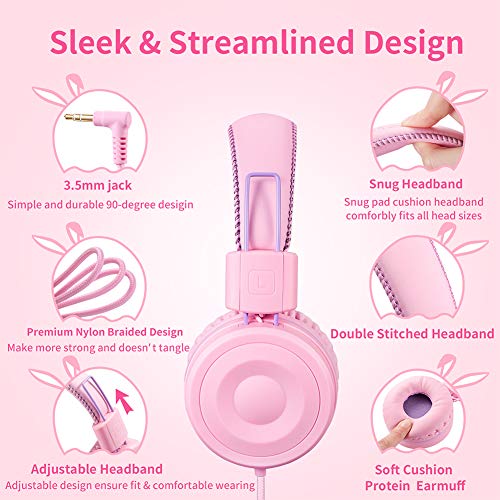 POWMEE M1 Kids Headphones Wired Headphone for Kids,Foldable Adjustable Stereo Tangle-Free,3.5MM Jack Wire Cord On-Ear Headphone for Children (Pink) - Image 2