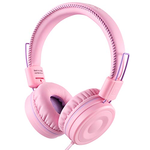POWMEE M1 Kids Headphones Wired Headphone for Kids,Foldable Adjustable Stereo Tangle-Free,3.5MM Jack Wire Cord On-Ear Headphone for Children (Pink) - Image 1