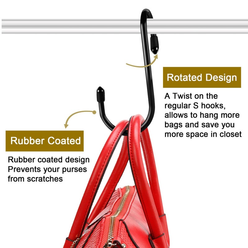 HiGift 8 Pack Purse Hanger for Closet, Vinyl Coated Unique Twist Design Black Bag Hanger Hooks, 5 Inch Large Closet Rod Home Storage Hooks Purse Organizer for Hanging Handbags, Belts, Hat, Backpack - Image 3