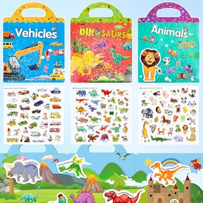 STICKER BOOK FOR CHILDREN, REUSABLE STICKER BOOK DINOSAUR, VEHICLE, ZOO, STICKERS FOR CHILDREN 3-6 GIRLS BOYS EDUCATIONAL LEARNING TOY (3 PACK - DINOSAUR, VEHICLE, ZOO) - Image 5