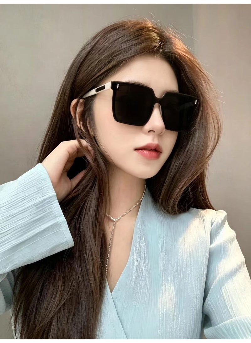 Fashion Big Square Shades With Metal Rivet Decor Black White Two Tone Frame Face Slimming Unisex Glasses For Beach Shopping Outdoor Trip - Image 1