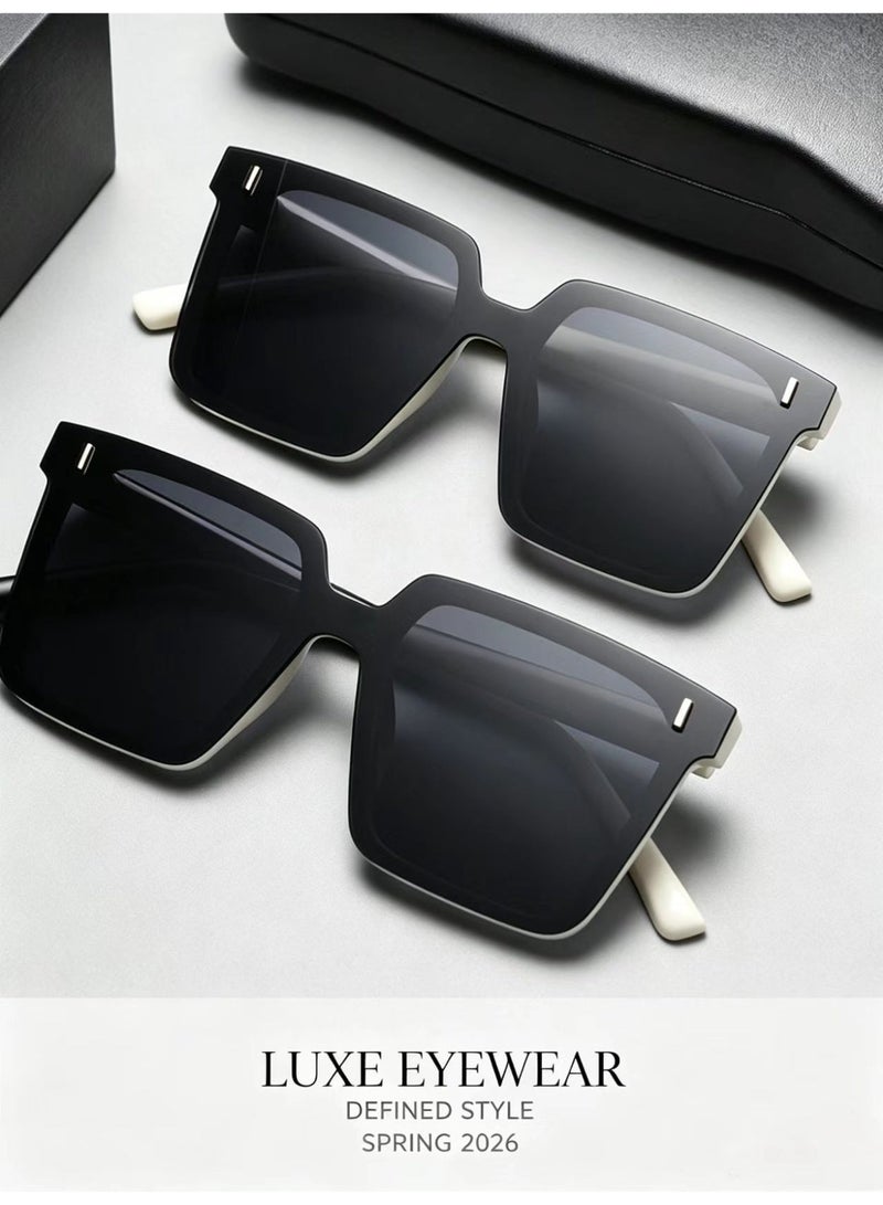 Fashion Big Square Shades With Metal Rivet Decor Black White Two Tone Frame Face Slimming Unisex Glasses For Beach Shopping Outdoor Trip - Image 5