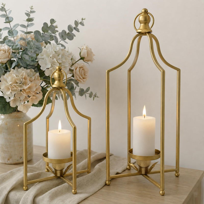 Fenisam 125 165 Timeless Cozy Decorative Lanterns Set of 2 Handcrafted Metal Iron Candle Holders Farmhouse Elegance Fireplace Mantel Table Festive Gatherings Decor Antique Gold - Image 2
