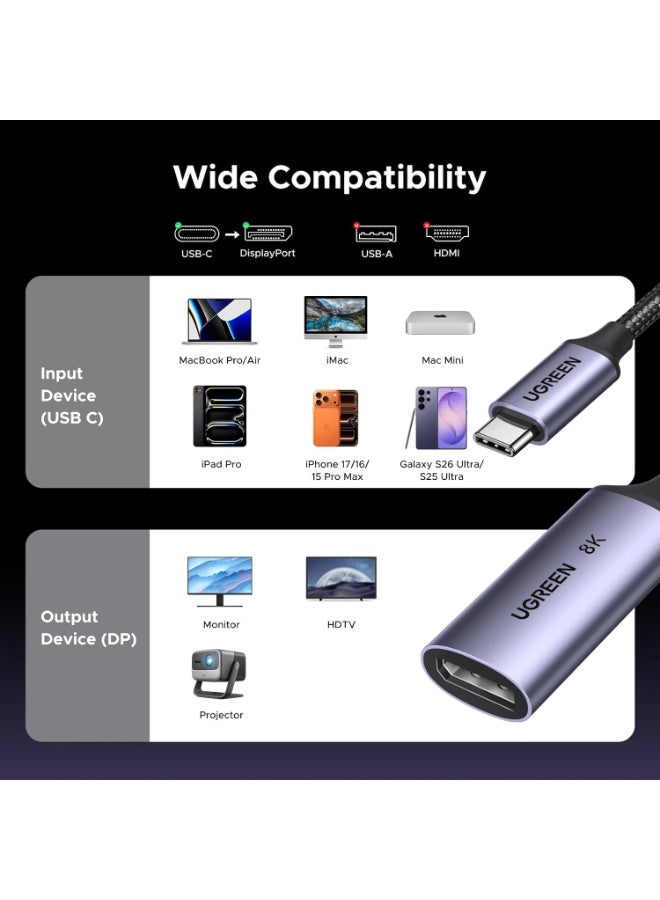 يو جرين UGREEN 8K@60Hz USB C إلى DisplayPort 1.4 كابل محول 4K@240Hz HDR Thunderbolt 4 إلى محول Display Port USB C إلى DP من الألمنيوم المضفر متوافق مع MacBook Pro/Air, iPad Pro, Galaxy S23, Dell - Image 4