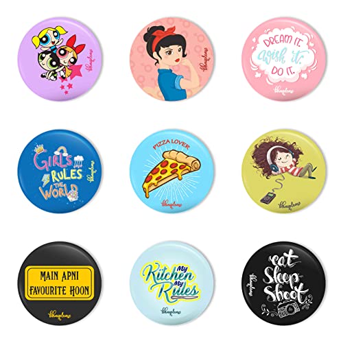 Bhai Please Multicolour Pin Badge (Pack of 9) Powerpuff, Girl Power, Dream It, Girls Rules World, Pizza Lover, Listening Music, Main Apni Favourite, My Kitchen My Rules, Eat Sleep Shoot - Image 1