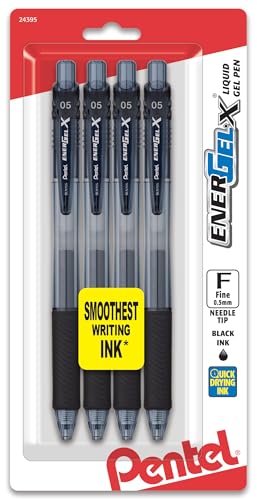 Pentel قلم جيل سائل قابل للسحب من بنتل إنرجل-إكس، 0.5 مم، خط رفيع، طرف إبرة، حبر أسود، عبوة 4 (BLN105BP4A) - Image 1