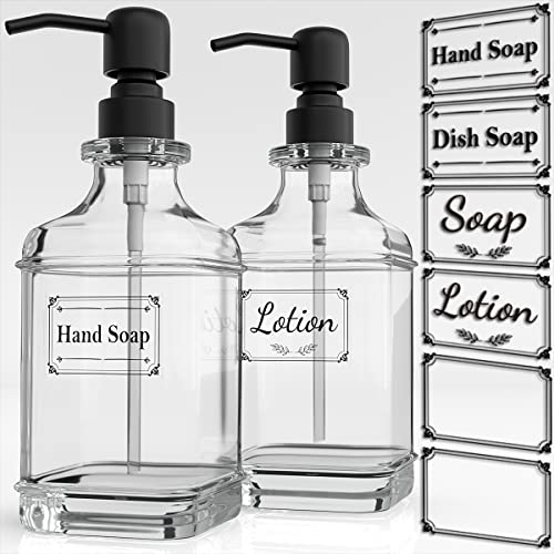 GLADPURE 2 Pack Soap Dispenser, 18 Oz Antique Design Thick Glass Hand Dispensers; with 304 Rust Proof Stainless Steel Pump, 6Pcs Clear Stickers, for Kitchen, Bathroom- Black - Image 1