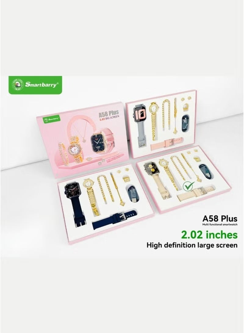 سمارت باري مجموعة هدية ساعة ذكية نسائية A58 Plus 7 في 1 باللون الذهبي – ساعة ذكية بشاشة 2.02 بوصة مع اتصال بلوتوث، مع أحزمة إضافية، خاتم بنمط الألماس، سوار، أقراط، قلادة وكابل شحن – طقم موضة فاخرة للسيدات - Image 3