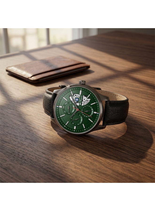 Ben Sherman St Albans Green Dial Black Genuine Leather Strap Multifunction Watch for Men, 43.5mm - Image 4