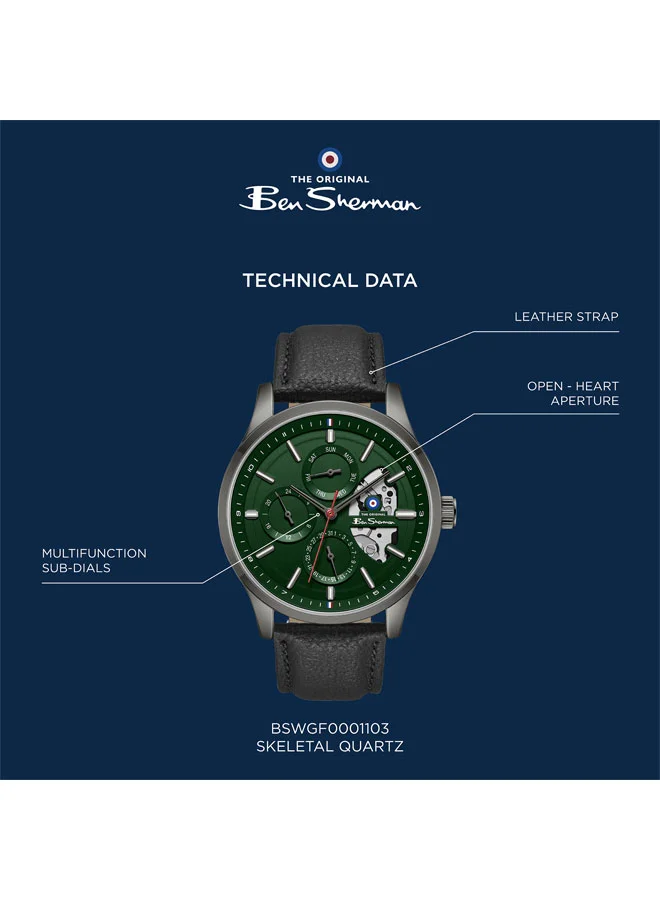 Ben Sherman Green St Albans Green Dial Black Genuine Leather Strap Multifunction Watch for Men, 43.5mm for Men | Best Price UAE