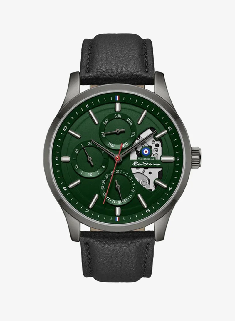 Ben Sherman St Albans Green Dial Black Genuine Leather Strap Multifunction Watch for Men, 43.5mm