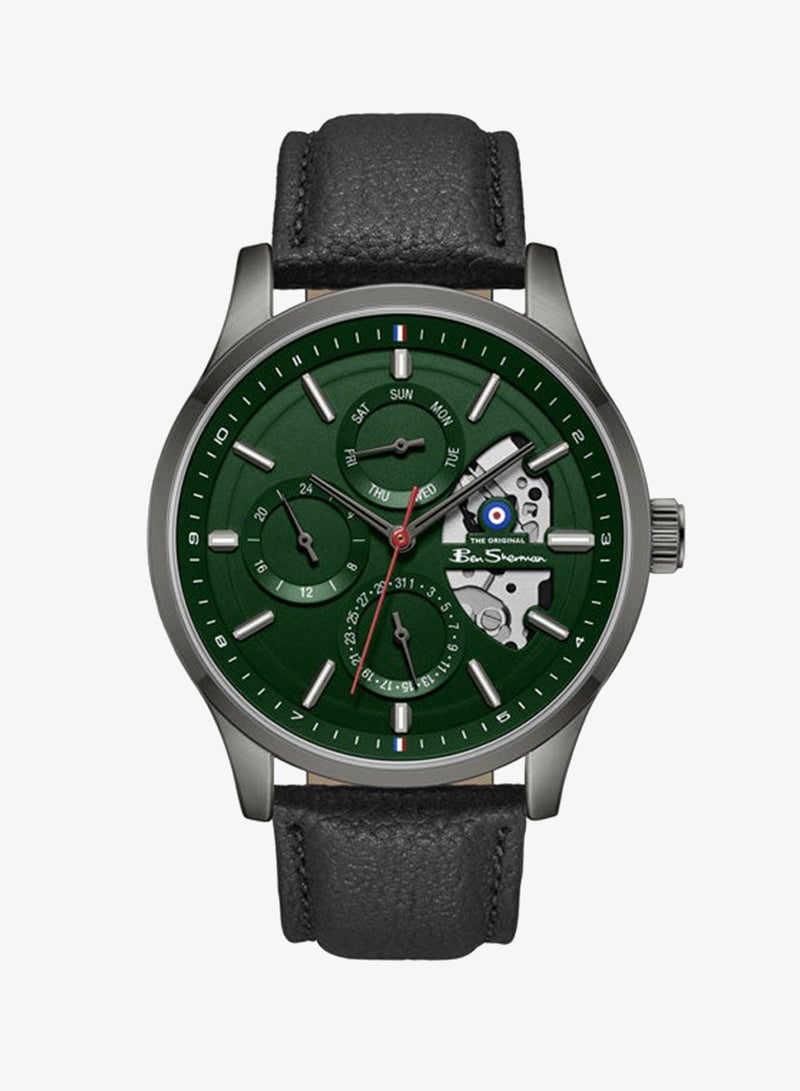 Ben Sherman St Albans Green Dial Black Genuine Leather Strap Multifunction Watch for Men, 43.5mm - Image 1
