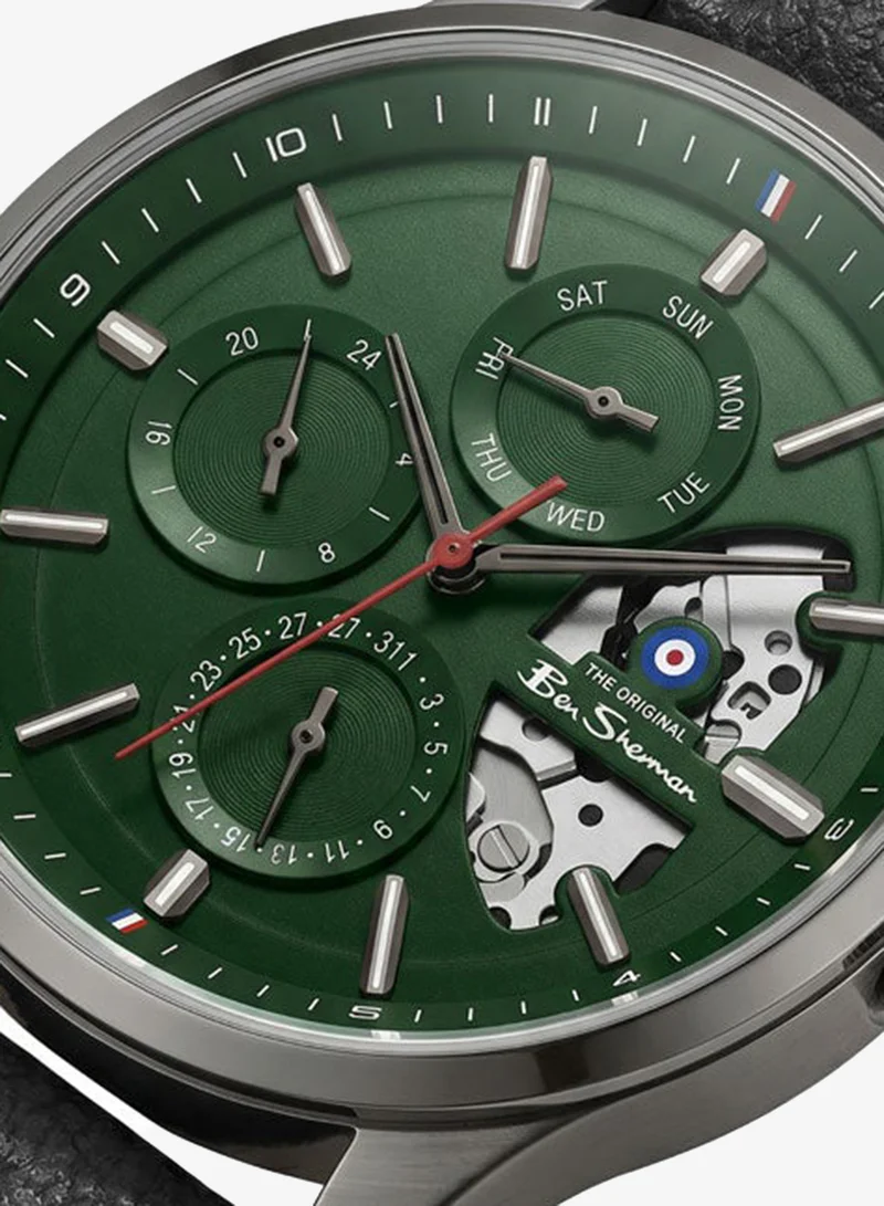 Ben Sherman St Albans Green Dial Black Genuine Leather Strap Multifunction Watch for Men, 43.5mm