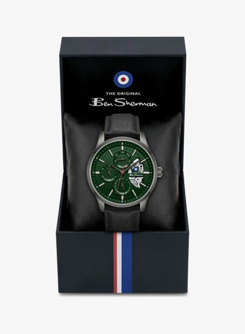Ben Sherman Green St Albans Green Dial Black Genuine Leather Strap Multifunction Watch for Men, 43.5mm for Men | Best Price UAE