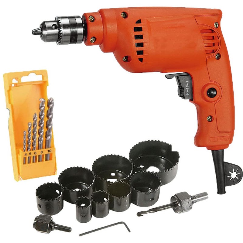MLD 300W-400W 10mm Variable Speed Reversible Drill Machine With 5 Pcs HSS Drill Bit set and 11 Pcs Hole saw cutter - Image 1