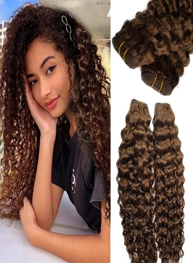 Smartinnov Deep Wave Weft Hair Extensions Medium Brown Human Hair #4 Medium Brown Sew in Real Hair Weft for Women Water Wave Sew in Hair Extensions 16 Inch 100Gram Double Weft Curly Brown Human Hair Bundles - Image 1