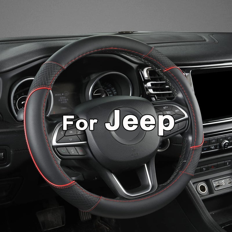 GIANT PANDA Steering Wheel Cover for Jeep Wrangler Car Steering Wheel Cover for Jeep Grand Cherokee and Cherokee  BlackRed Trim