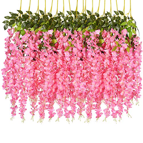 DearHouse 6 Pack Artificial Fake Wisteria Vine Ratta Hanging Garland Silk Flowers String Party Home Wedding Decor, 3.75 Feet/Piece,Pink - Image 1