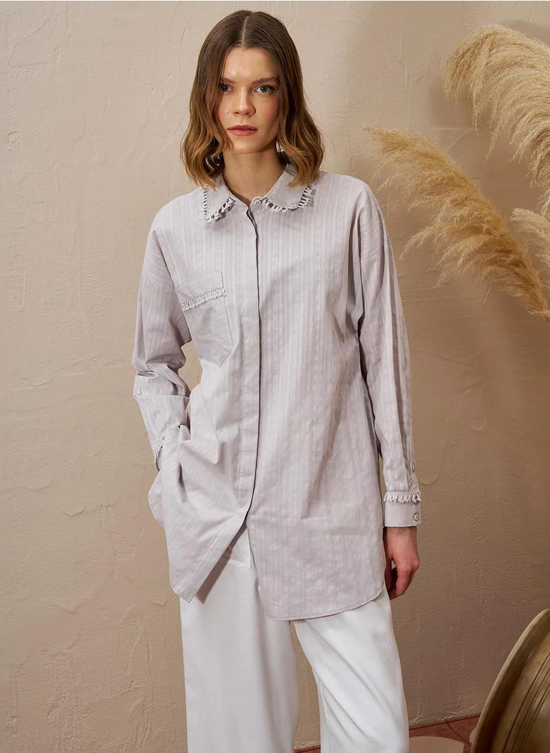 Kayra Fringed Shirt Collar Cotton Tunic Light Gray