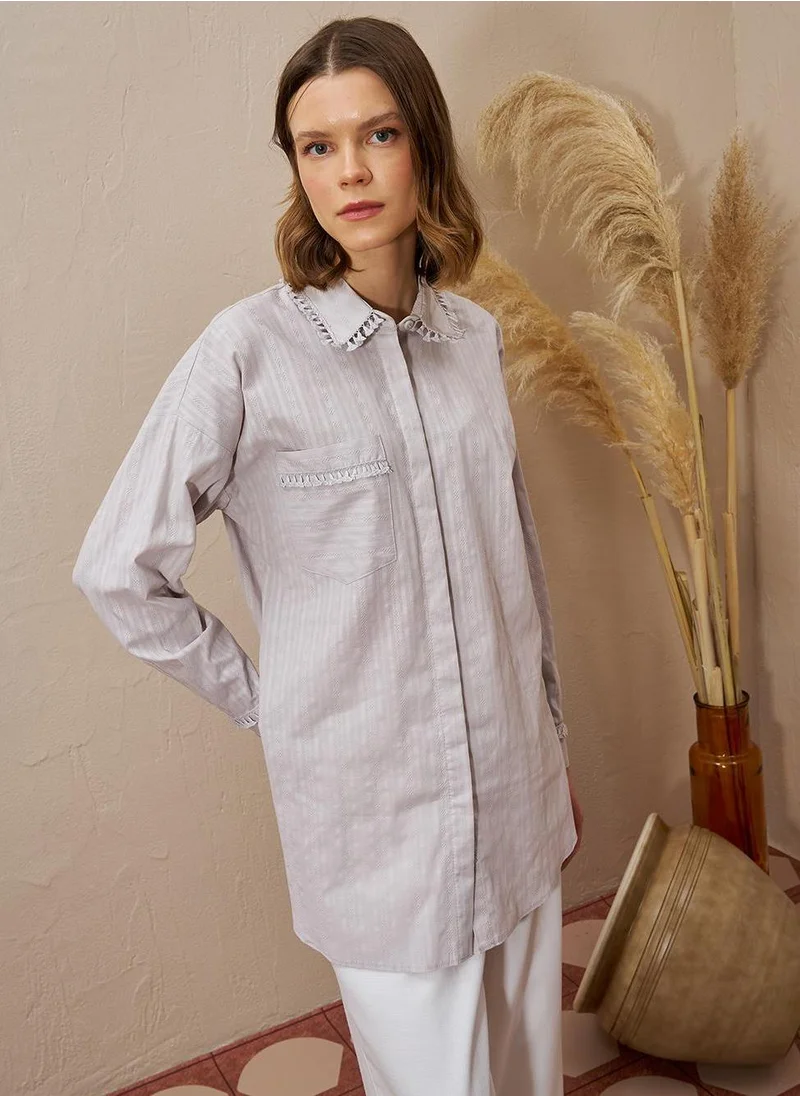 Kayra Fringed Shirt Collar Cotton Tunic Light Gray