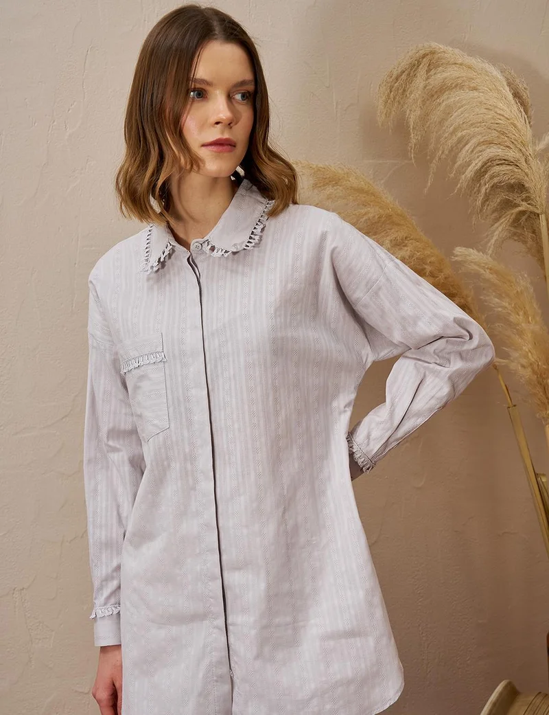 Kayra Fringed Shirt Collar Cotton Tunic Light Gray