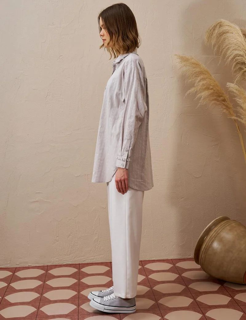 Kayra Fringed Shirt Collar Cotton Tunic Light Gray