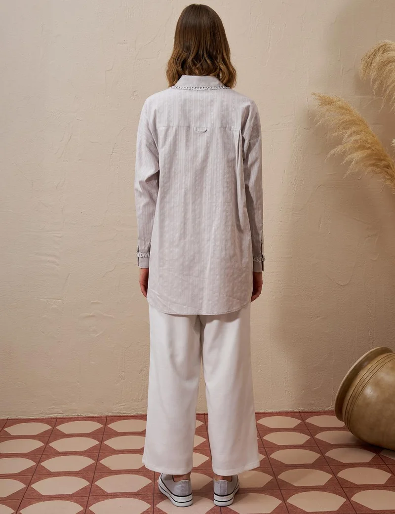 Kayra Fringed Shirt Collar Cotton Tunic Light Gray