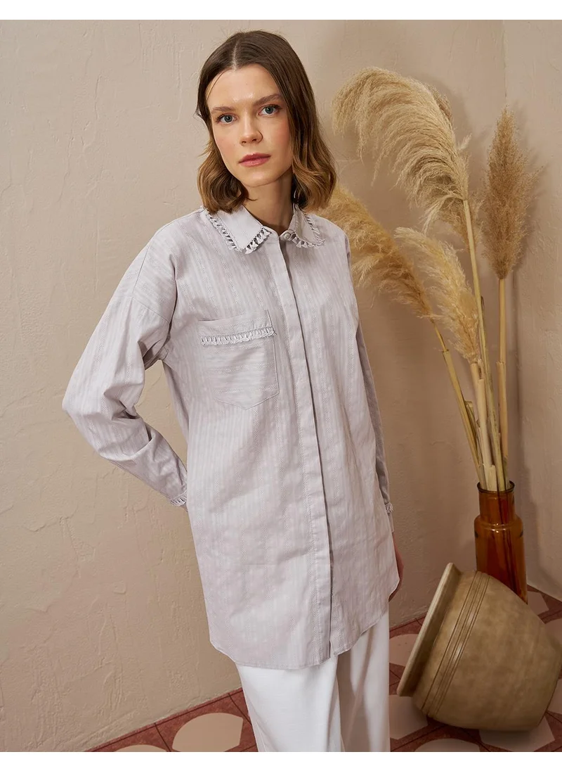 Kayra Fringed Shirt Collar Cotton Tunic Light Gray