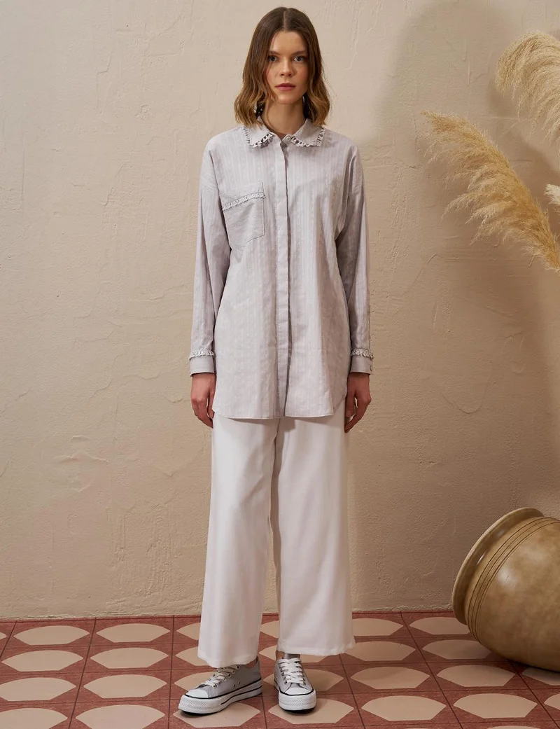 Kayra Fringed Shirt Collar Cotton Tunic Light Gray