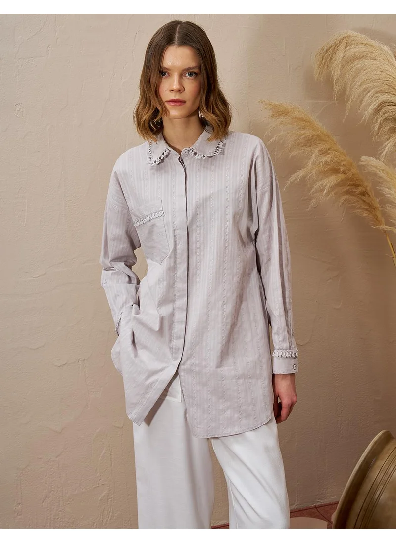 Kayra Fringed Shirt Collar Cotton Tunic Light Gray