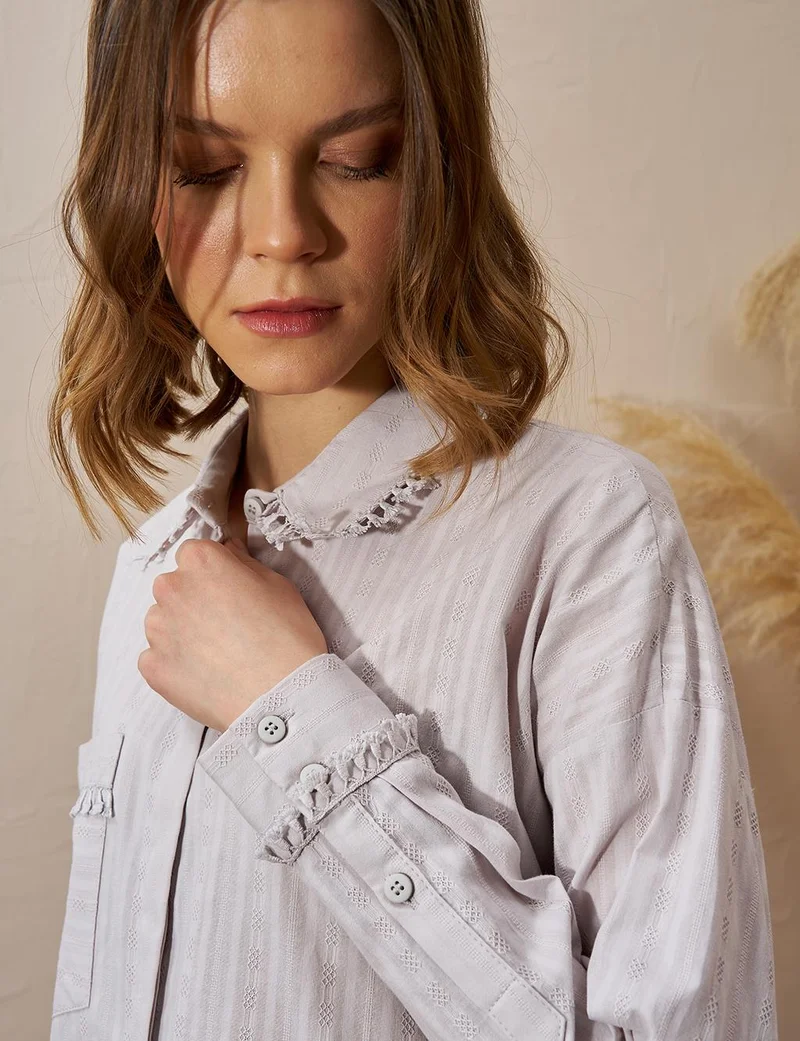 Kayra Fringed Shirt Collar Cotton Tunic Light Gray