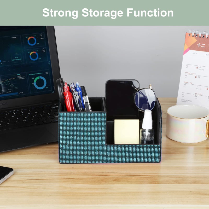 KEYPOWER Desk Pen Pencil Holder Bling Pasted Rhinestones Paper Stationery Storage Box, Multi-functional Organizer for Pen/Pencil,Cell phone,Business Name Cards,Eye Glasses,Remote Control Holder (Blue) - Image 5