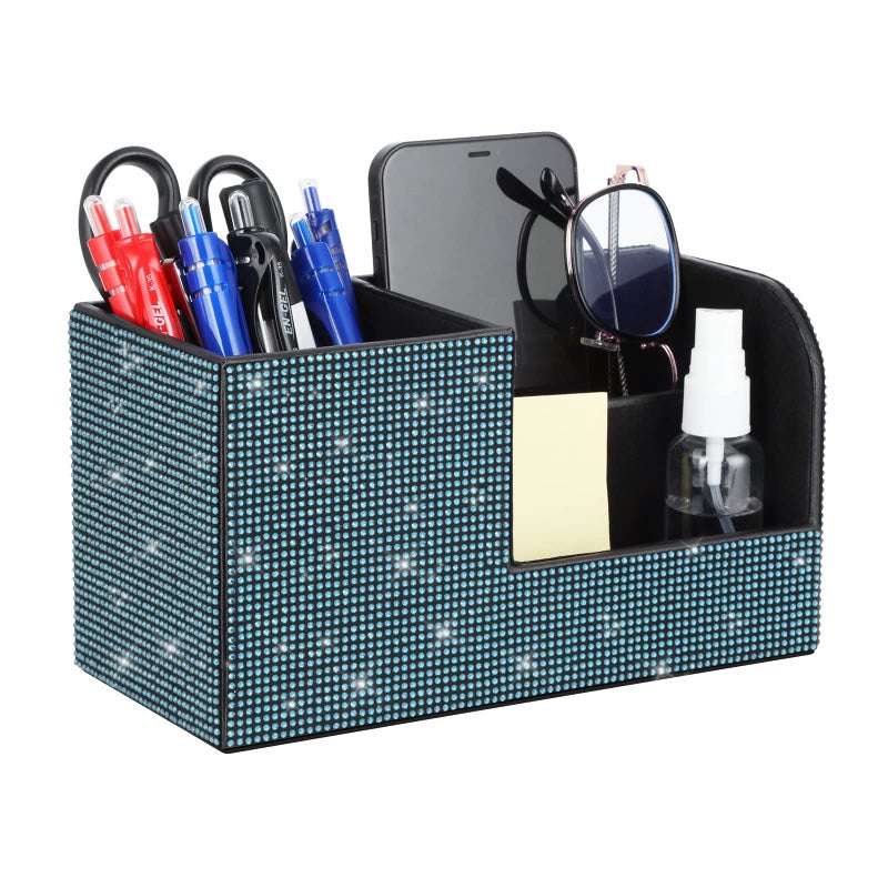 KEYPOWER Desk Pen Pencil Holder Bling Pasted Rhinestones Paper Stationery Storage Box, Multi-functional Organizer for Pen/Pencil,Cell phone,Business Name Cards,Eye Glasses,Remote Control Holder (Blue) - Image 1