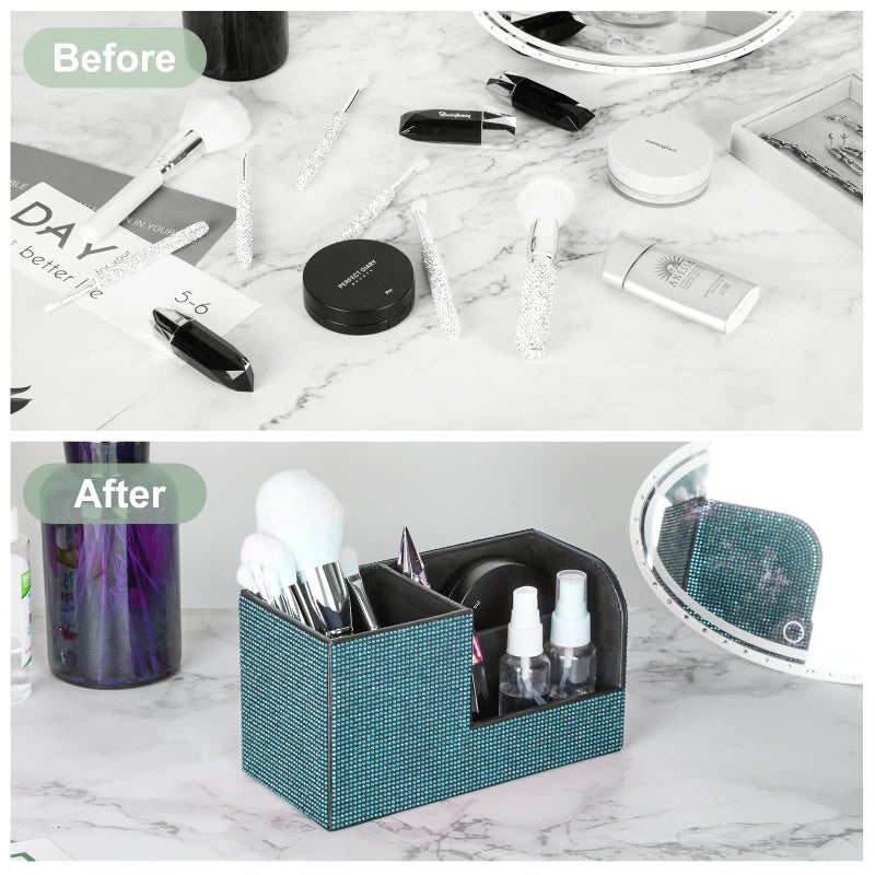 KEYPOWER Desk Pen Pencil Holder Bling Pasted Rhinestones Paper Stationery Storage Box, Multi-functional Organizer for Pen/Pencil,Cell phone,Business Name Cards,Eye Glasses,Remote Control Holder (Blue) - Image 4