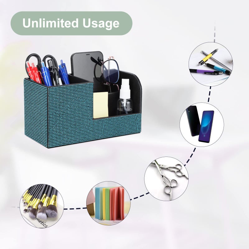 KEYPOWER Desk Pen Pencil Holder Bling Pasted Rhinestones Paper Stationery Storage Box, Multi-functional Organizer for Pen/Pencil,Cell phone,Business Name Cards,Eye Glasses,Remote Control Holder (Blue) - Image 2