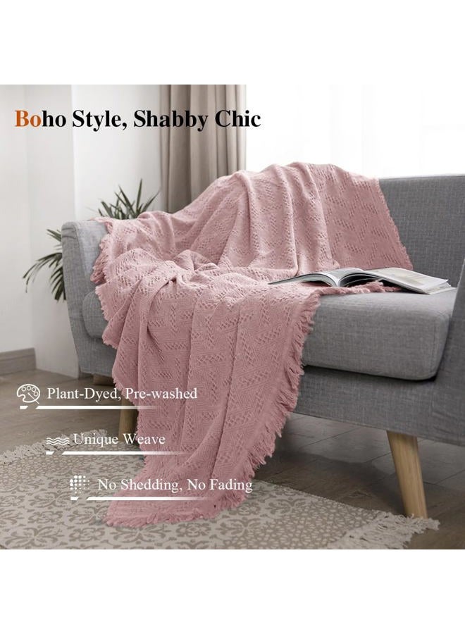 Simple&Opulence 100% Cotton Throw Blanket for Bed, Couch, Boho Luxury Geometric Knit Woven Blanket with Tassels Soft Lightweight Cozy Breathable, Vintage Farmhouse Decoration for All-Season(Pink) - Image 3
