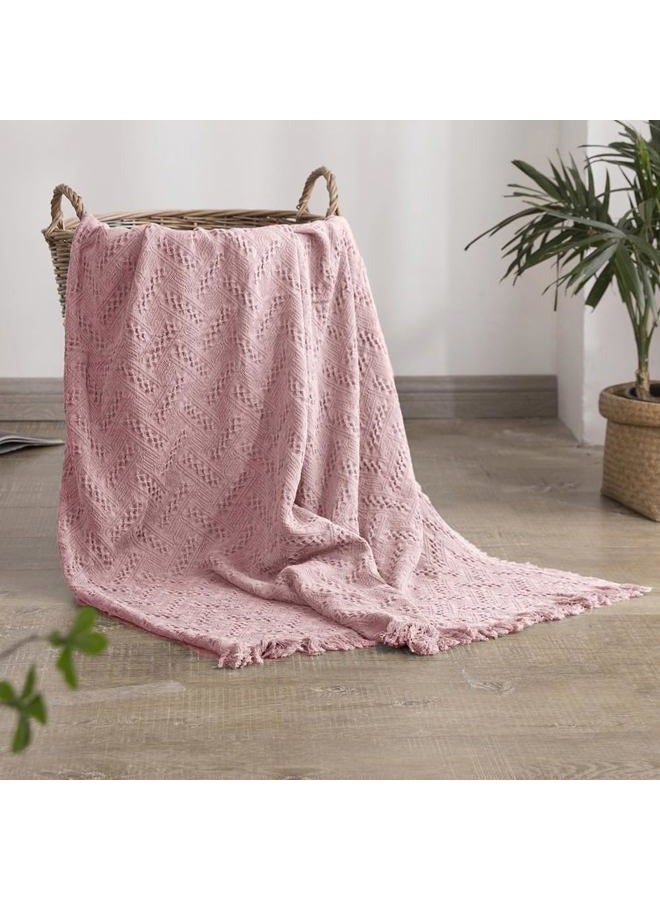 Simple&Opulence 100% Cotton Throw Blanket for Bed, Couch, Boho Luxury Geometric Knit Woven Blanket with Tassels Soft Lightweight Cozy Breathable, Vintage Farmhouse Decoration for All-Season(Pink) - Image 1