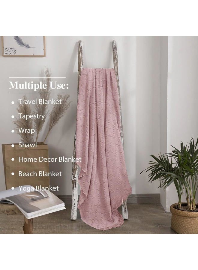 Simple&Opulence 100% Cotton Throw Blanket for Bed, Couch, Boho Luxury Geometric Knit Woven Blanket with Tassels Soft Lightweight Cozy Breathable, Vintage Farmhouse Decoration for All-Season(Pink) - Image 4