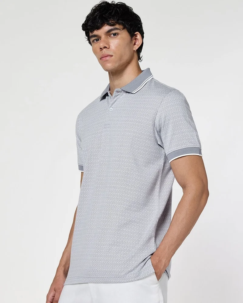 bewakoof Men's Light Grey Micro Geometric Printed Polo T-shirt