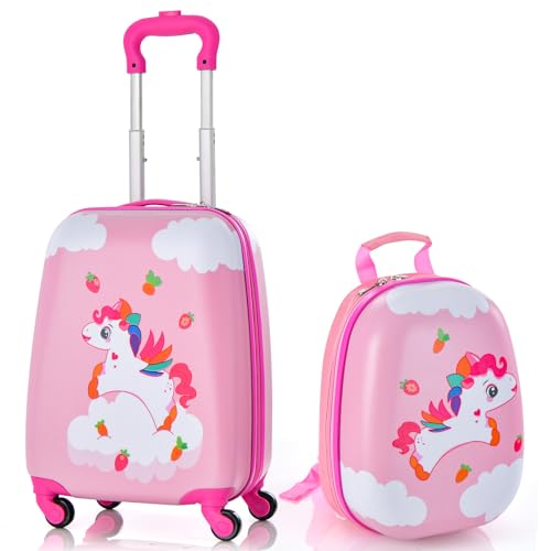 HONEY JOY Kids Luggage, 12" Toddler Backpack & 16" Travel Suitcase with Wheels, Lightweight Toddler Girls Suitcase, Durable ABS Hardshell, 2Pcs Carry On Luggage Set for Boys Girls(Unicorn) - Image 1