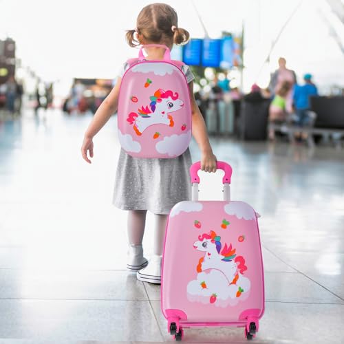 HONEY JOY Kids Luggage, 12" Toddler Backpack & 16" Travel Suitcase with Wheels, Lightweight Toddler Girls Suitcase, Durable ABS Hardshell, 2Pcs Carry On Luggage Set for Boys Girls(Unicorn) - Image 2