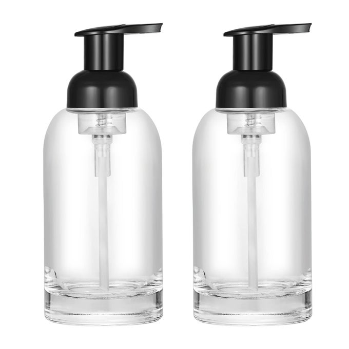 2 PACK THICK CLEAR GLASS JAR SOAP DISPENSER WITH FOAMING PUMP 13 OUNCE CLEAR ROUND BOTTLES DISPENSER WITH FOAMING PUMP BLACK 13OZ