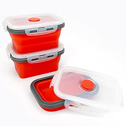 CCyanzi 3piece Collapsible Food Storage Containers with Lids, Silicone Lunch Container, Microwave & Freezer Safe, Space Saving for Kitchen Cabinet and Camping Backpack,(red gray) - Image 3