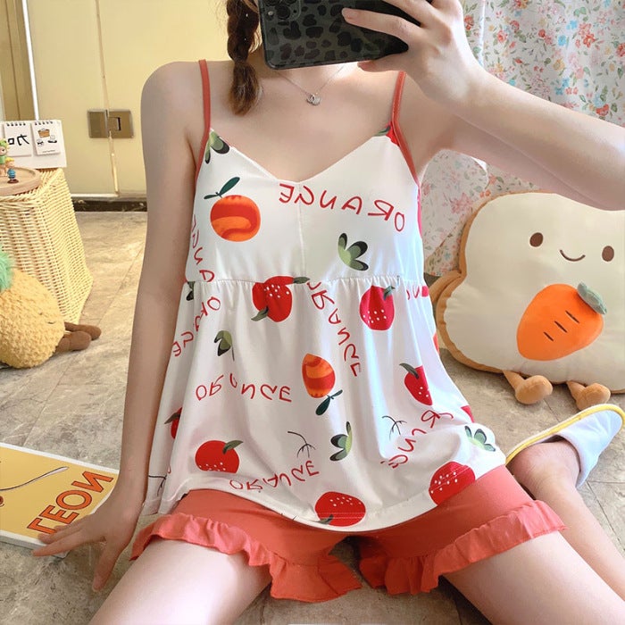 Summer Camisole Shorts Set with Bow Womens Padded Sleepwear AB Red Apple#