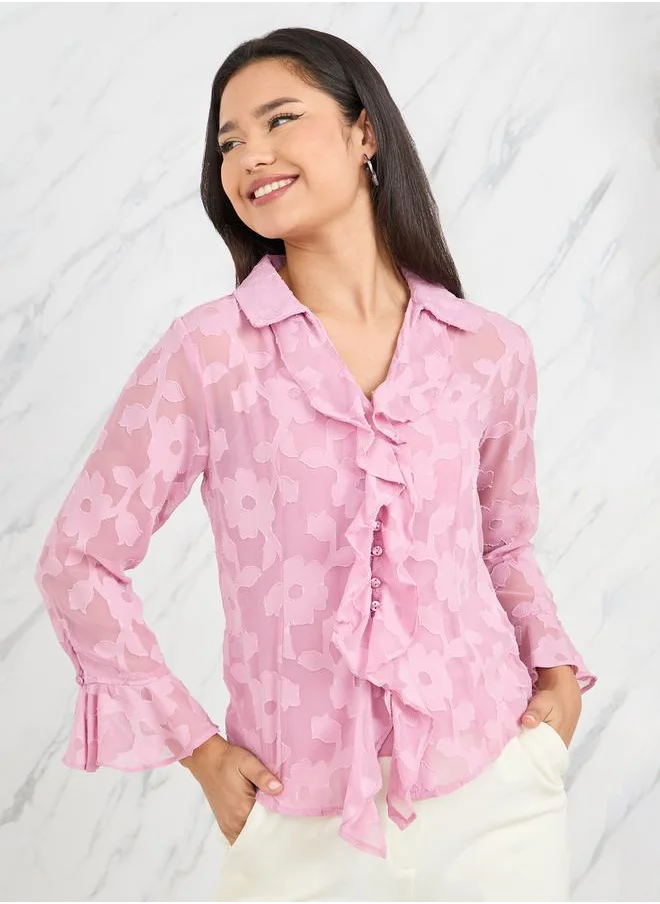 Styli Burnout Texture Ruffle Detail Shirt with Cami