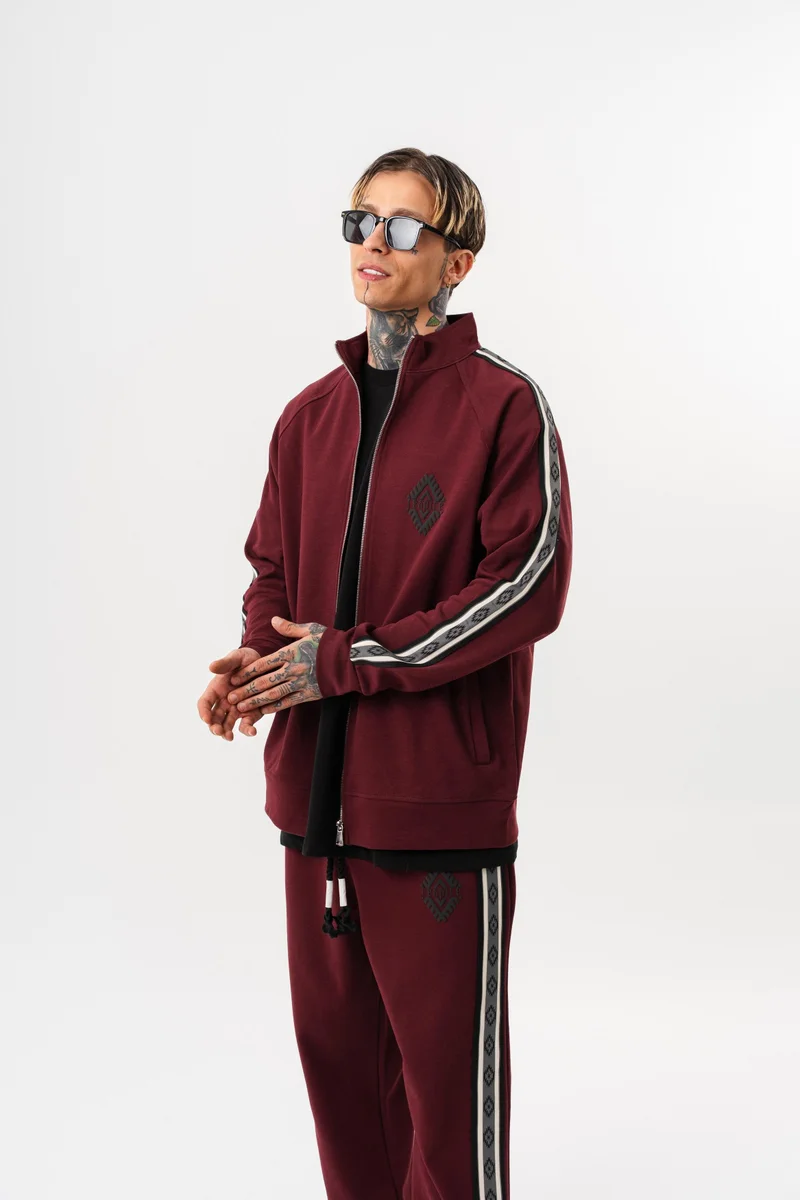 RESPIRE Men's Striped Stand Collar Doubleface Zip Oversize Sweatshirt Bordeaux